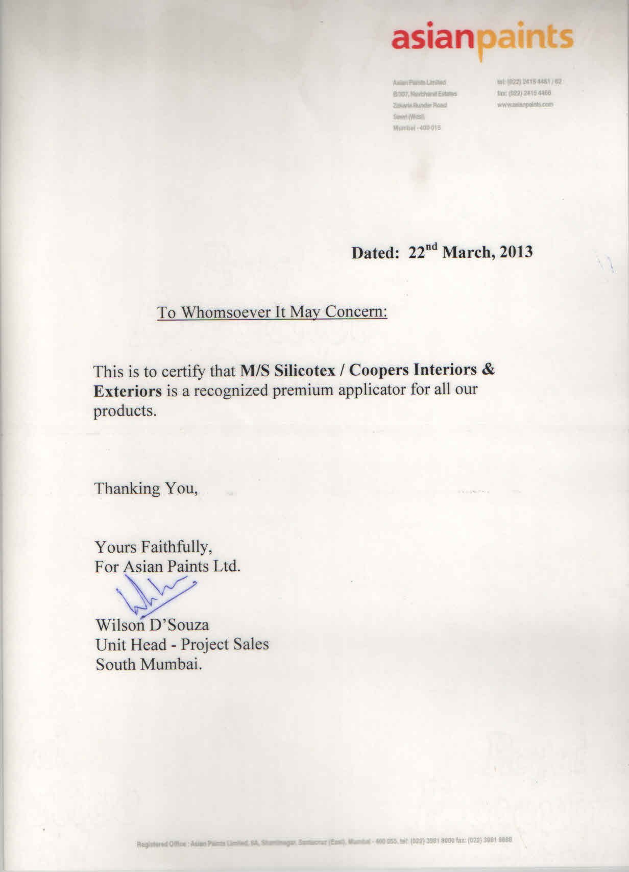 Asian Paint Applicator certificate