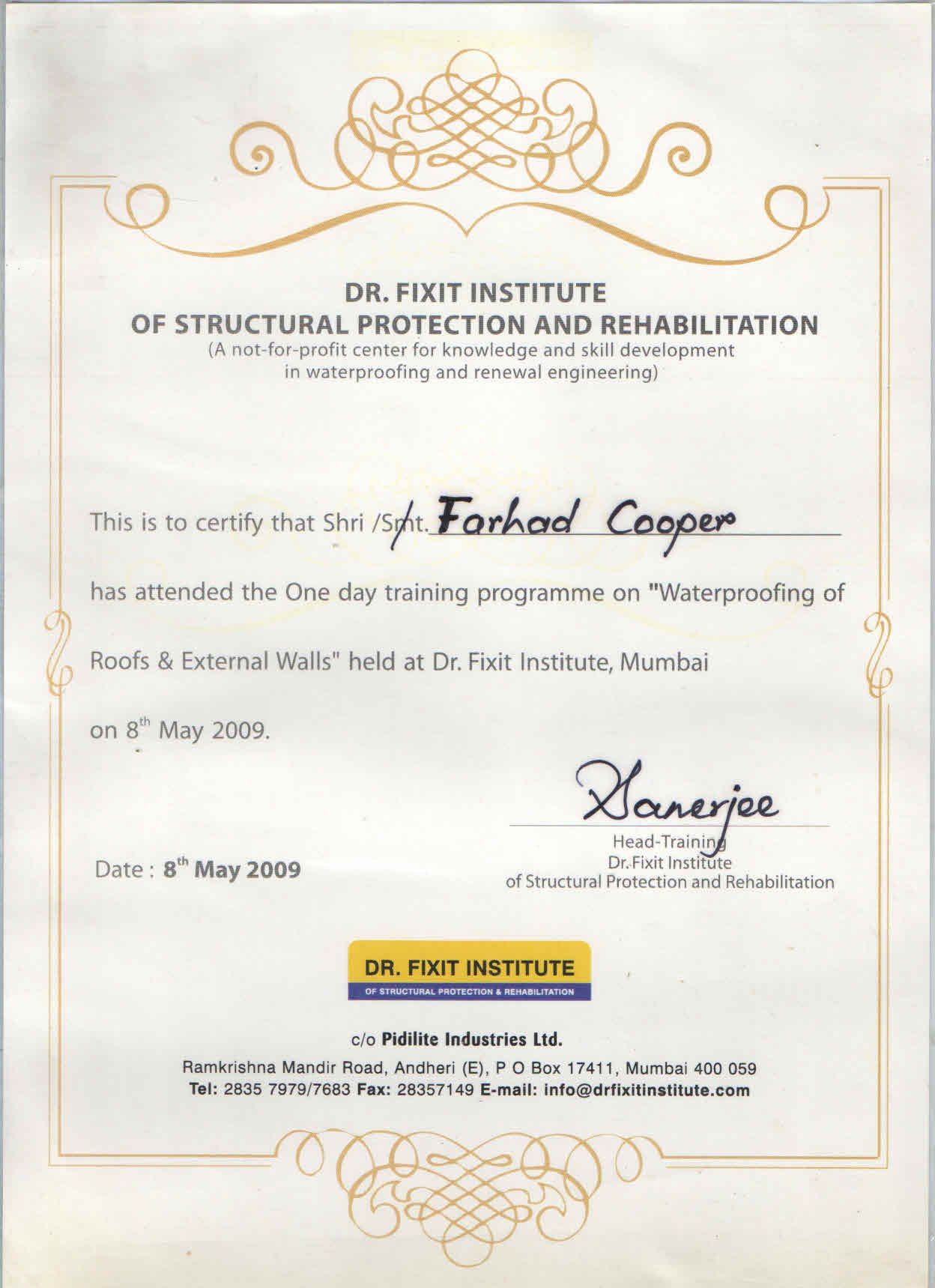Dr. Fixit 1 day training certificate reg. Waterproofing