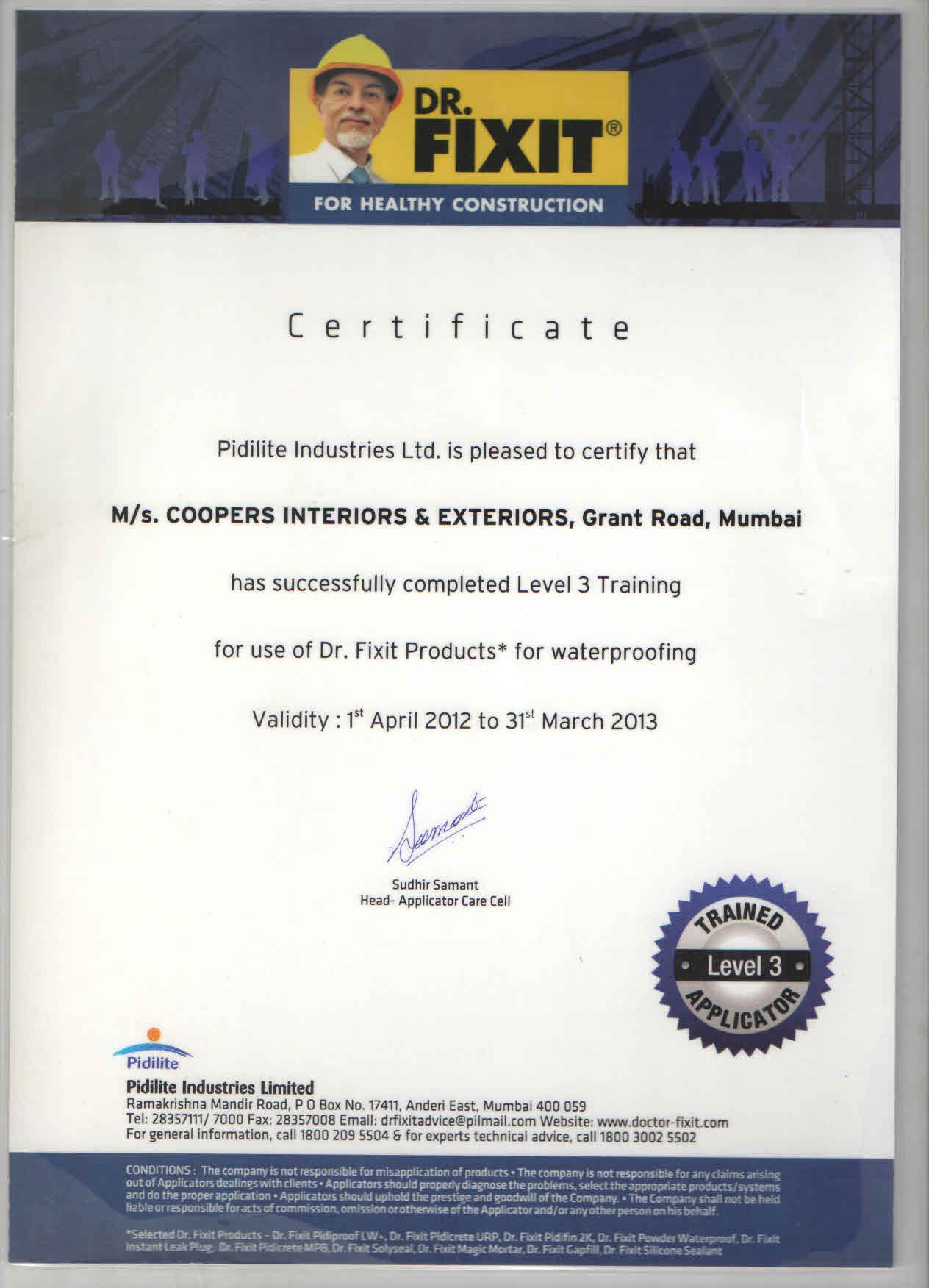 Dr. Fixit Applicator certificate
