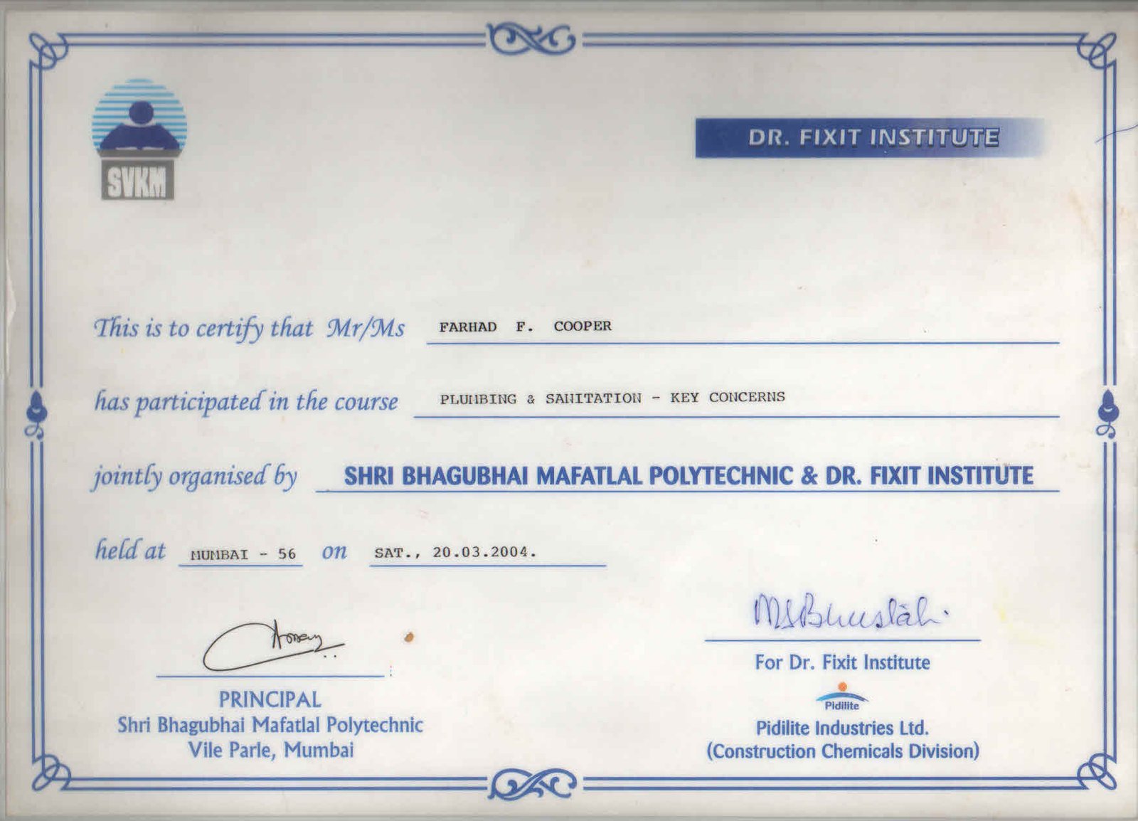 Dr. Fixit certificate reg. Plumbing & Sanitation